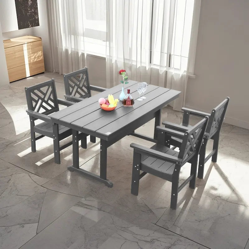 5 Piece Outdoor Dining Table and Chair Set, Garden Wooden Furniture Set, Rectangular Table with Umbrella Hole and 4 Chairs