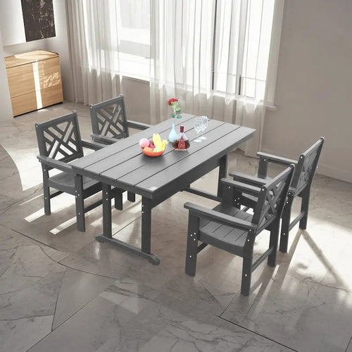 5 Piece Outdoor Dining Table and Chair Set, Garden Wooden Furniture Set, Rectangular Table with Umbrella Hole and 4 Chairs