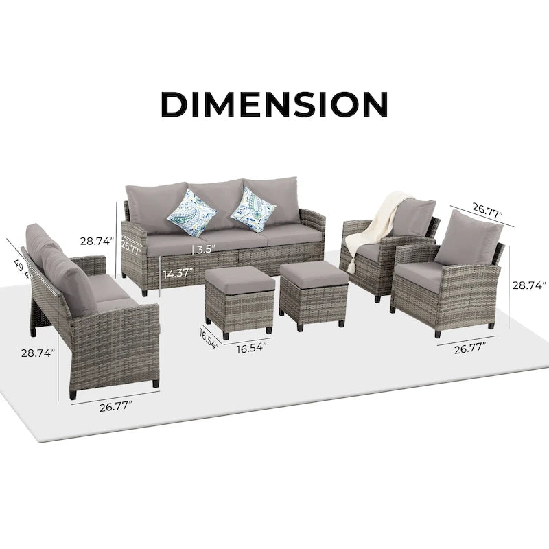 6 PCS Patio Furniture Set, Outdoor Wicker Conversation Sectional Sofa Couch Furniture Sets with Ottomans