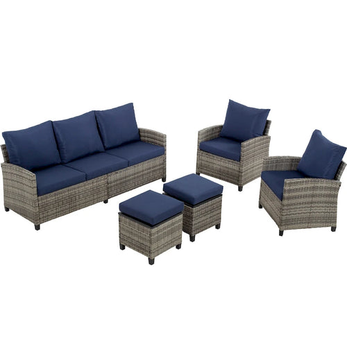6 PCS Patio Furniture Set, Outdoor Wicker Conversation Sectional Sofa Couch Furniture Sets with Ottomans