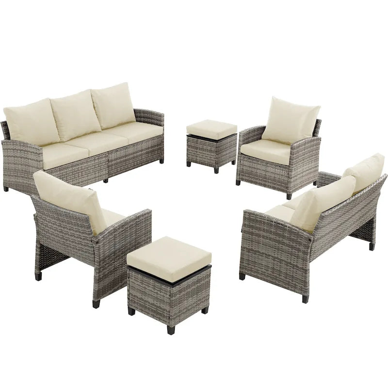 6 PCS Patio Furniture Set, Outdoor Wicker Conversation Sectional Sofa Couch Furniture Sets with Ottomans