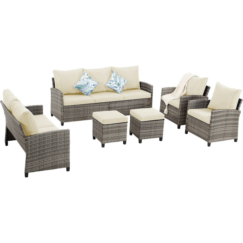 6 PCS Patio Furniture Set, Outdoor Wicker Conversation Sectional Sofa Couch Furniture Sets with Ottomans