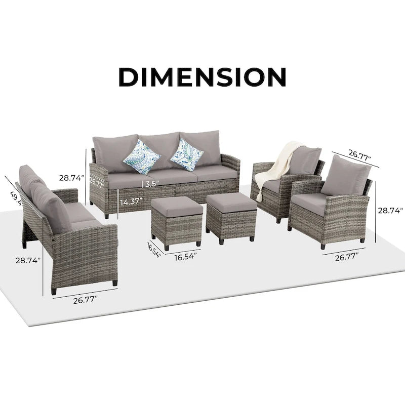 6 PCS Patio Furniture Set, Outdoor Wicker Conversation Sectional Sofa Couch Furniture Sets with Ottomans