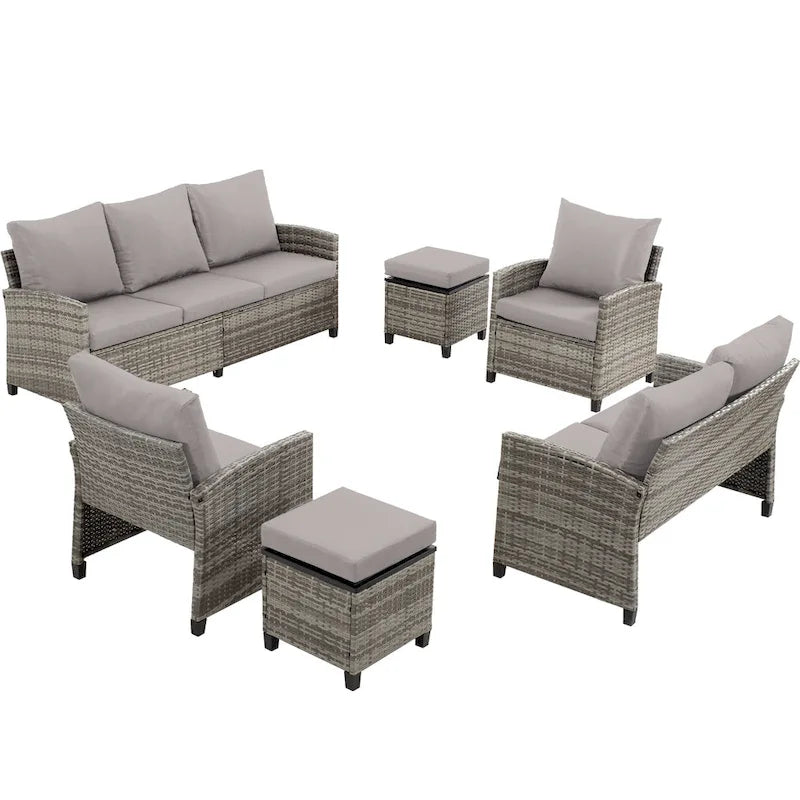 6 PCS Patio Furniture Set, Outdoor Wicker Conversation Sectional Sofa Couch Furniture Sets with Ottomans
