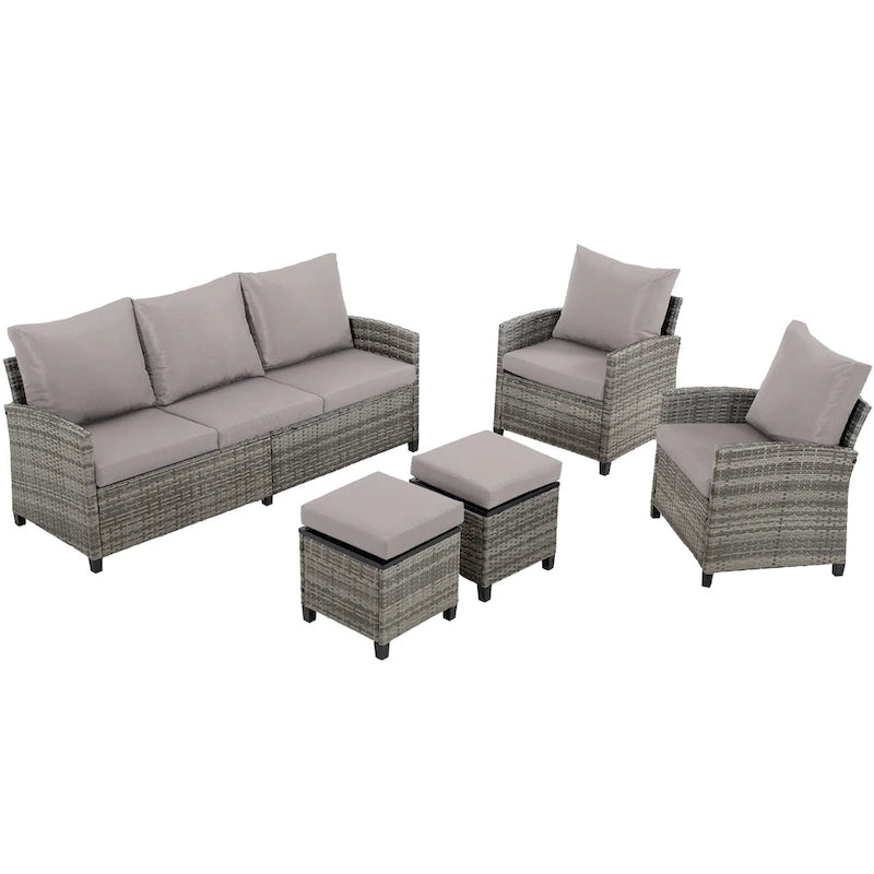 6 PCS Patio Furniture Set, Outdoor Wicker Conversation Sectional Sofa Couch Furniture Sets with Ottomans