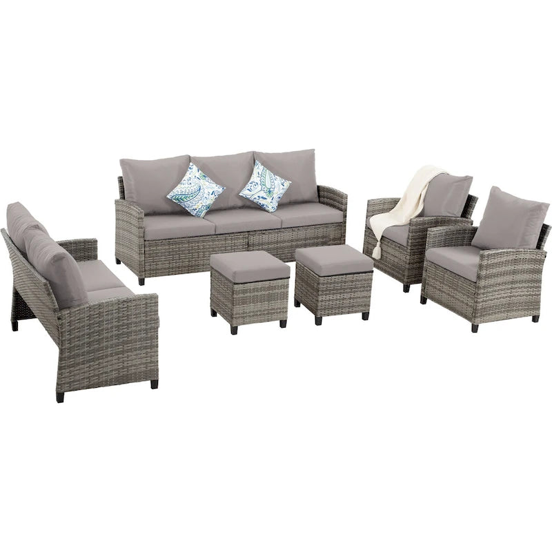 6 PCS Patio Furniture Set, Outdoor Wicker Conversation Sectional Sofa Couch Furniture Sets with Ottomans