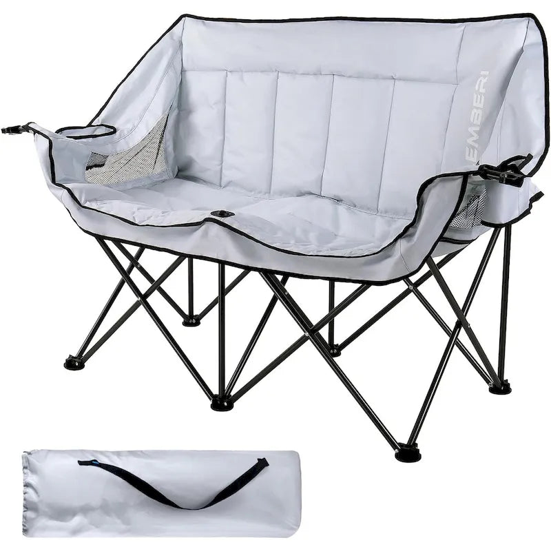 BOSSIN Double Outdoor Camping Chair - Heavy-Duty 650lb XL Folding Loveseat with Cup Holders, Back Storage & Carry Strap