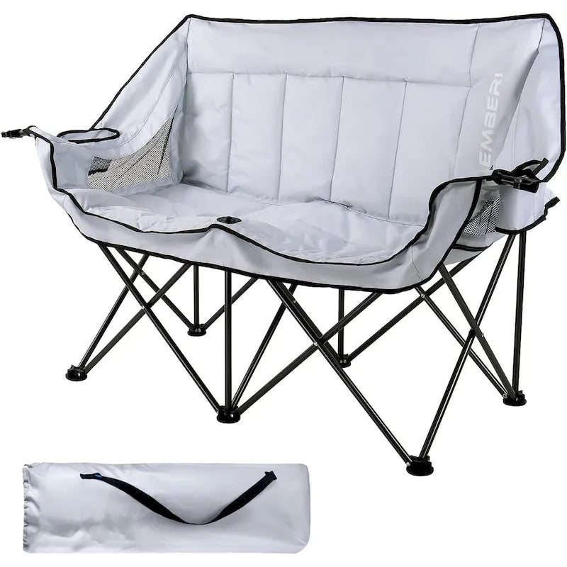 BOSSIN Double Outdoor Camping Chair - Heavy-Duty 650lb XL Folding Loveseat with Cup Holders, Back Storage & Carry Strap