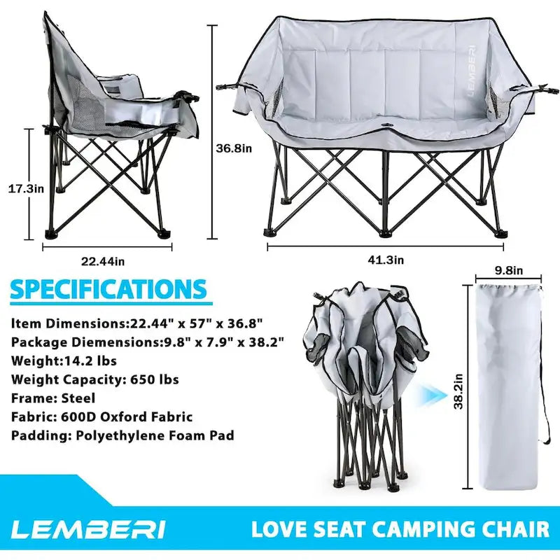 BOSSIN Double Outdoor Camping Chair - Heavy-Duty 650lb XL Folding Loveseat with Cup Holders, Back Storage & Carry Strap