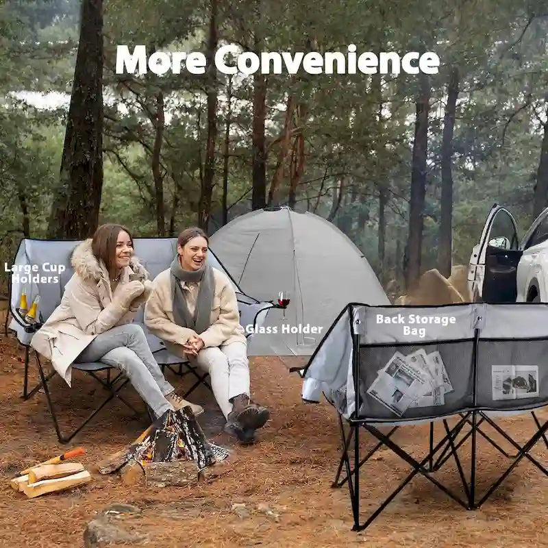 BOSSIN Double Outdoor Camping Chair - Heavy-Duty 650lb XL Folding Loveseat with Cup Holders, Back Storage & Carry Strap