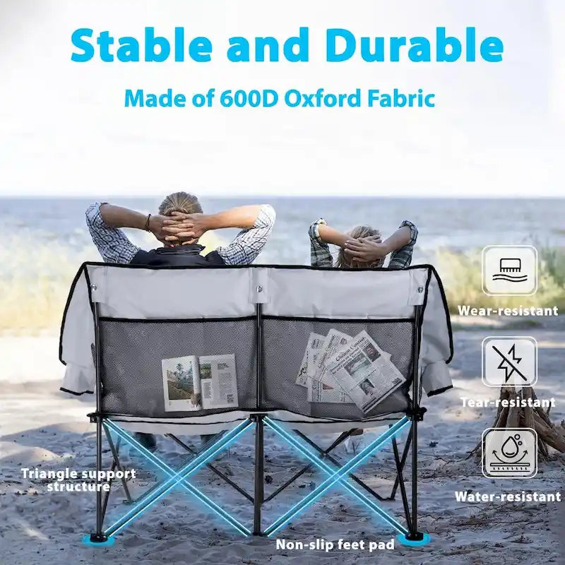 BOSSIN Double Outdoor Camping Chair - Heavy-Duty 650lb XL Folding Loveseat with Cup Holders, Back Storage & Carry Strap