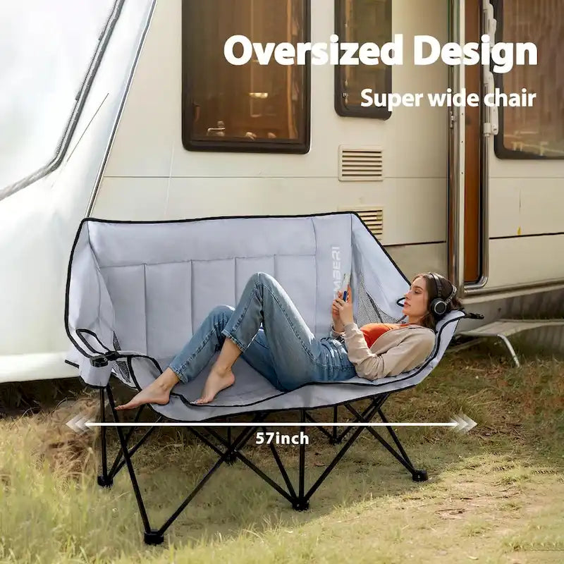 BOSSIN Double Outdoor Camping Chair - Heavy-Duty 650lb XL Folding Loveseat with Cup Holders, Back Storage & Carry Strap