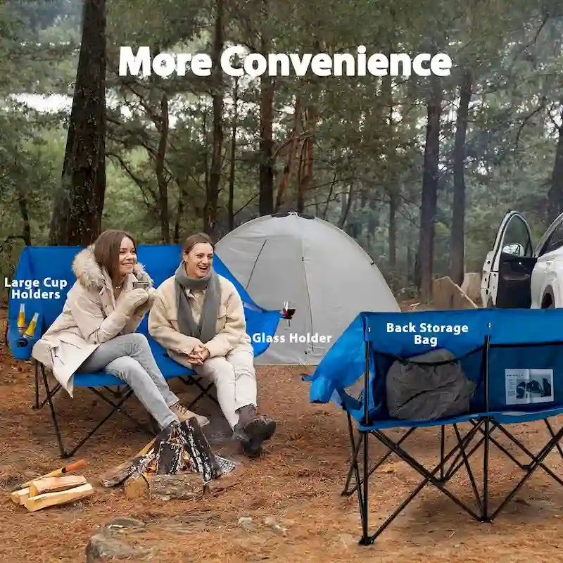 BOSSIN Double Outdoor Camping Chair - Heavy-Duty 650lb XL Folding Loveseat with Cup Holders, Back Storage & Carry Strap