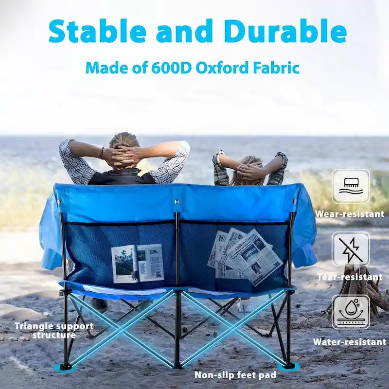 BOSSIN Double Outdoor Camping Chair - Heavy-Duty 650lb XL Folding Loveseat with Cup Holders, Back Storage & Carry Strap