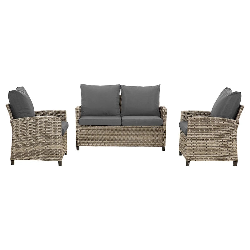 4-Piece Gray Outdoor Wicker Patio Seating Sofa, 1 Love-seat and 2 Single Sofa
