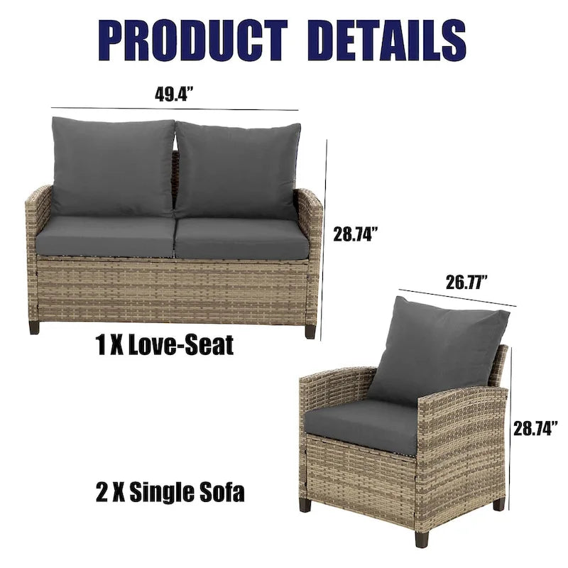4-Piece Gray Outdoor Wicker Patio Seating Sofa, 1 Love-seat and 2 Single Sofa