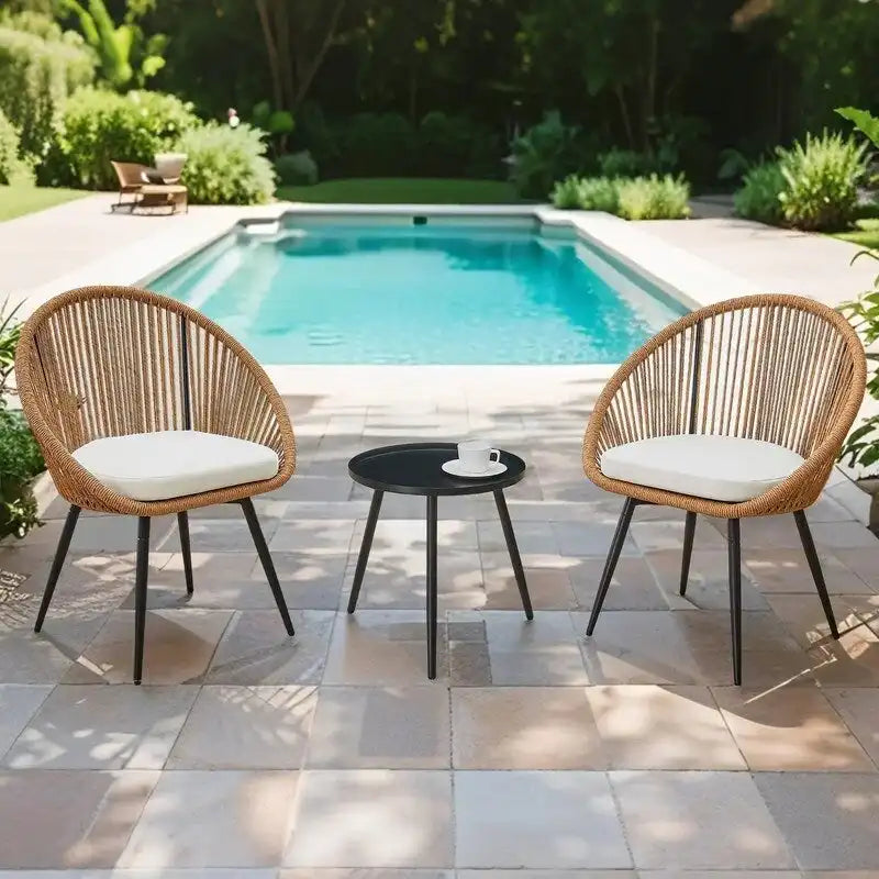Modern 3-Piece Outdoor Set  17.7 Spill-Proof Round Coffee Table & 2 Rattan Swivel Chairs for Patio Tea Time