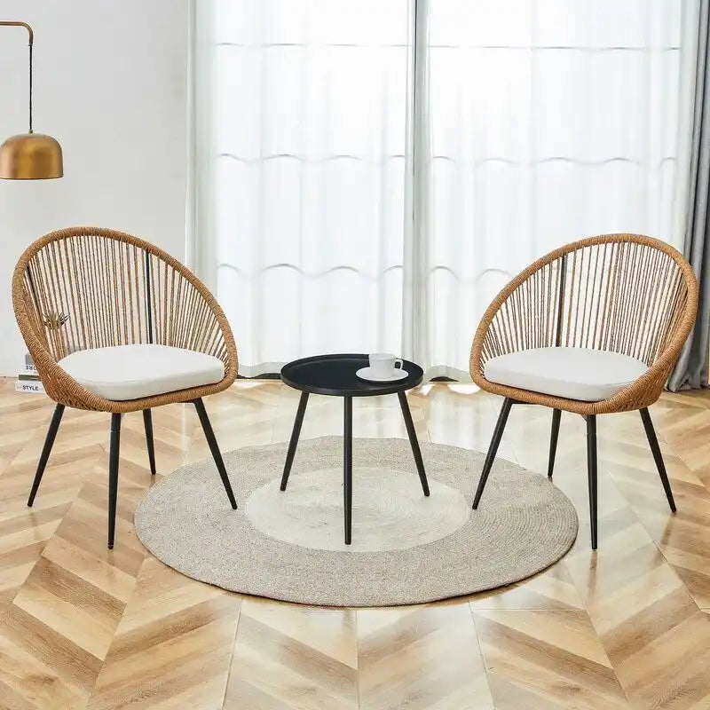Modern 3-Piece Outdoor Set  17.7 Spill-Proof Round Coffee Table & 2 Rattan Swivel Chairs for Patio Tea Time