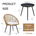 Modern 3-Piece Outdoor Set  17.7 Spill-Proof Round Coffee Table & 2 Rattan Swivel Chairs for Patio Tea Time
