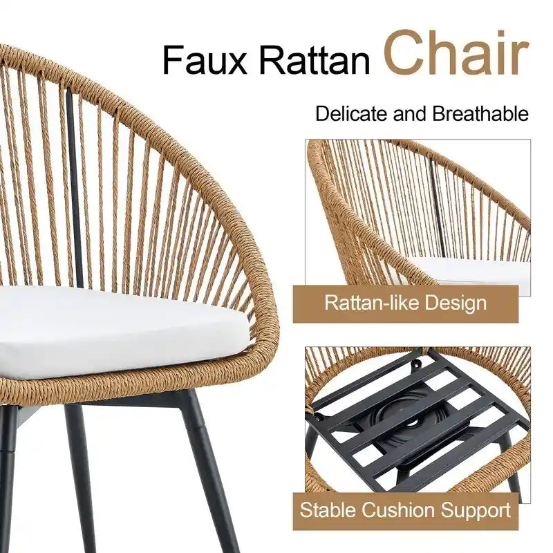 Modern 3-Piece Outdoor Set  17.7 Spill-Proof Round Coffee Table & 2 Rattan Swivel Chairs for Patio Tea Time