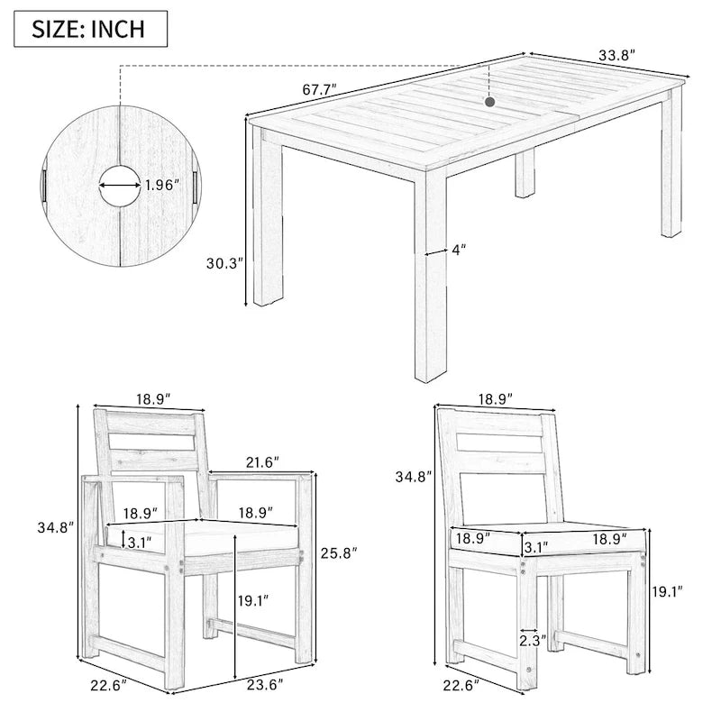 7-Piece Outdoor Patio Acacia Wood Dining Set with Umbrella Hole, 2 Armchairs and 4 Side Chairs