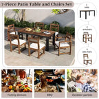 7-Piece Outdoor Patio Acacia Wood Dining Set with Umbrella Hole, 2 Armchairs and 4 Side Chairs