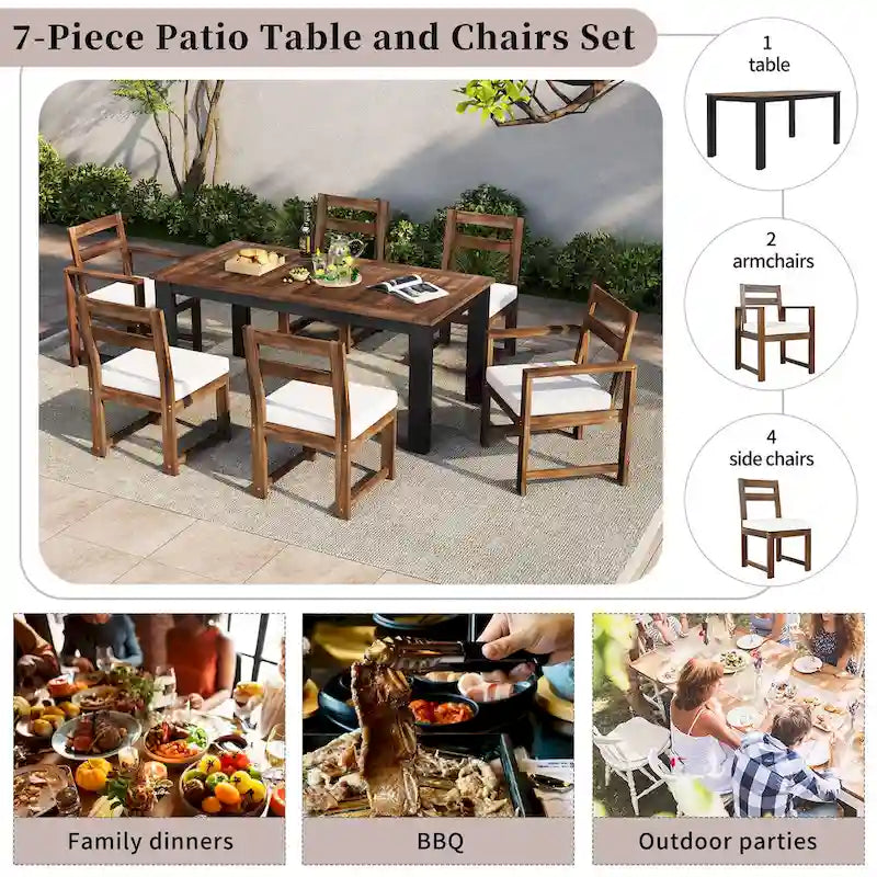 7-Piece Outdoor Patio Acacia Wood Dining Set with Umbrella Hole, 2 Armchairs and 4 Side Chairs