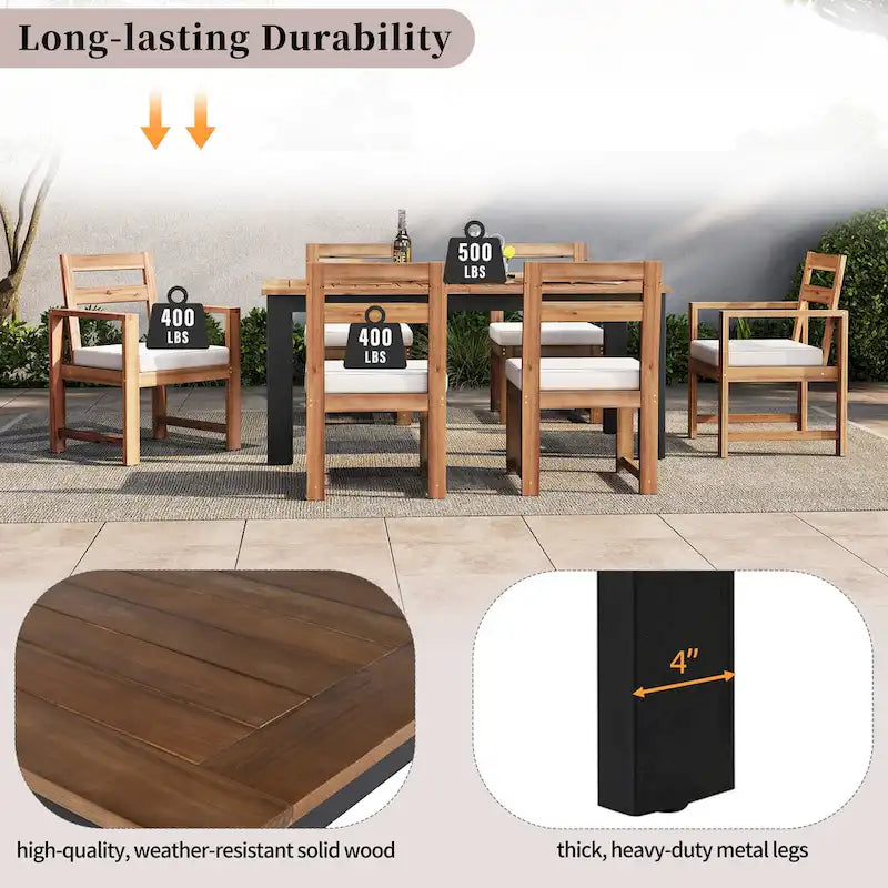 7-Piece Outdoor Patio Acacia Wood Dining Set with Umbrella Hole, 2 Armchairs and 4 Side Chairs