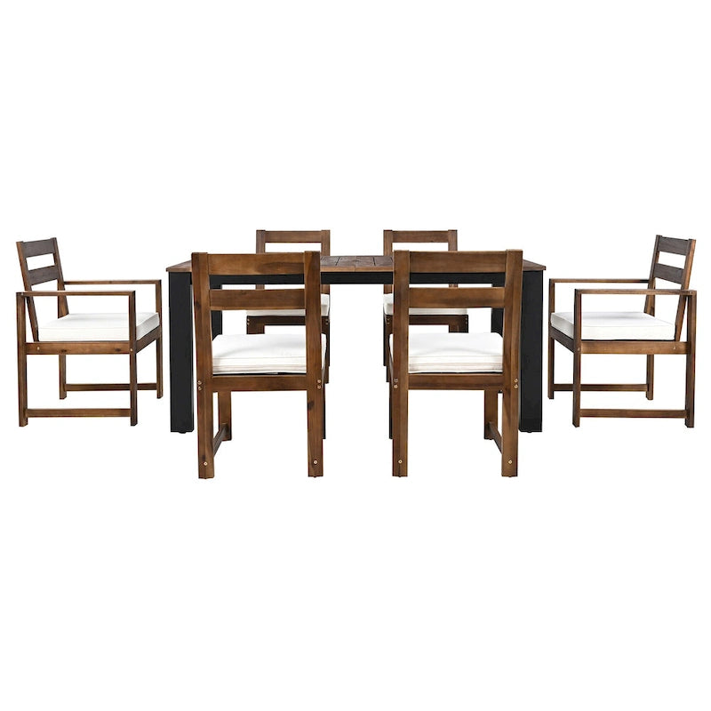 7-Piece Outdoor Patio Acacia Wood Dining Set with Umbrella Hole, 2 Armchairs and 4 Side Chairs