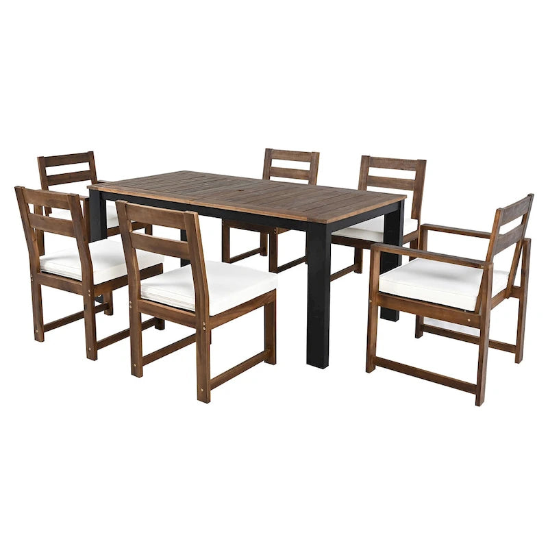 7-Piece Outdoor Patio Acacia Wood Dining Set with Umbrella Hole, 2 Armchairs and 4 Side Chairs