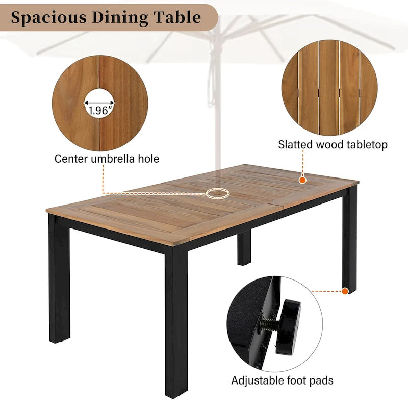 7-Piece Outdoor Patio Acacia Wood Dining Set with Umbrella Hole, 2 Armchairs and 4 Side Chairs
