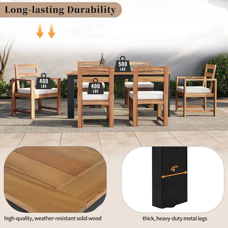 7-Piece Outdoor Patio Acacia Wood Dining Set with Umbrella Hole, 2 Armchairs and 4 Side Chairs