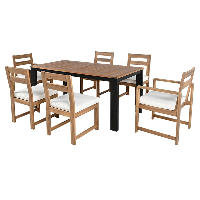 7-Piece Outdoor Patio Acacia Wood Dining Set with Umbrella Hole, 2 Armchairs and 4 Side Chairs