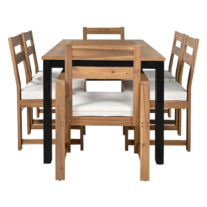 7-Piece Outdoor Patio Acacia Wood Dining Set with Umbrella Hole, 2 Armchairs and 4 Side Chairs