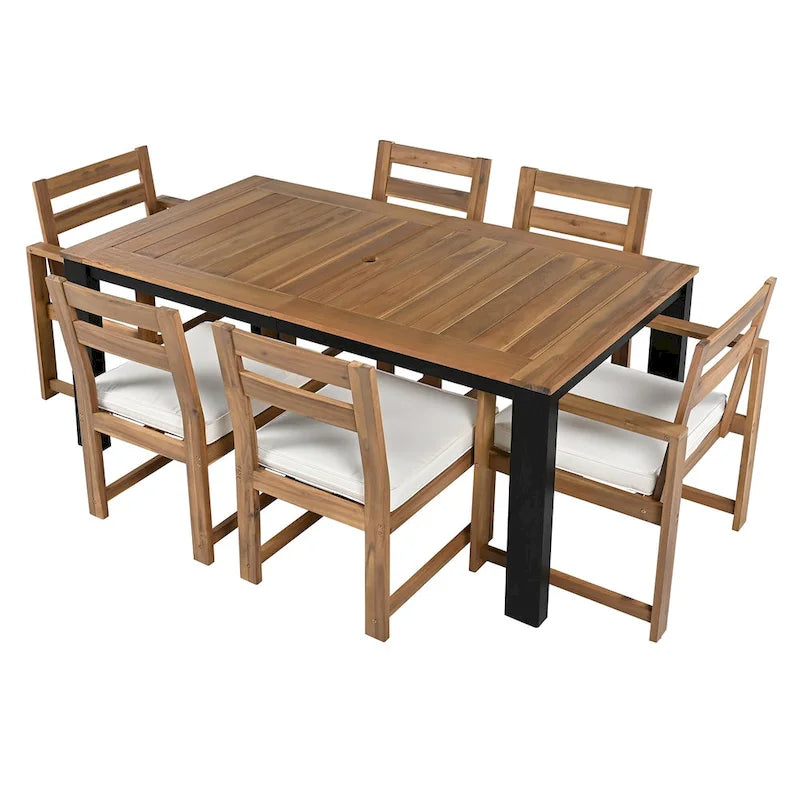 7-Piece Outdoor Patio Acacia Wood Dining Set with Umbrella Hole, 2 Armchairs and 4 Side Chairs