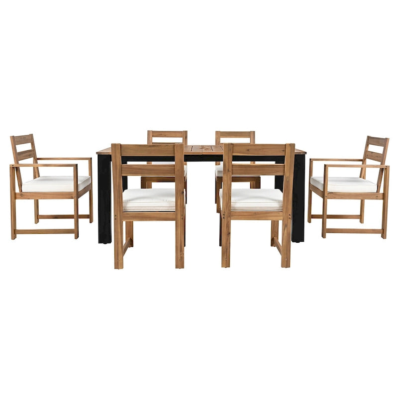 7-Piece Outdoor Patio Acacia Wood Dining Set with Umbrella Hole, 2 Armchairs and 4 Side Chairs