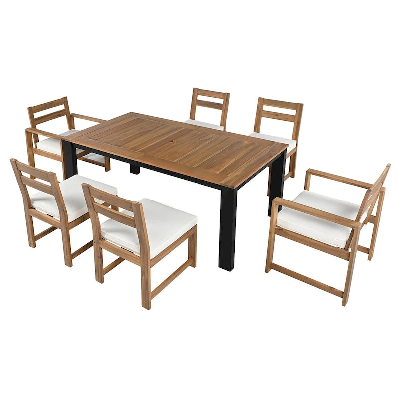7-Piece Outdoor Patio Acacia Wood Dining Set with Umbrella Hole, 2 Armchairs and 4 Side Chairs