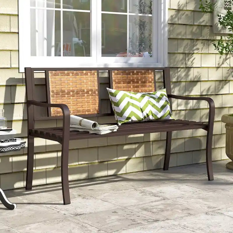 Costway 51 Patio Metal Bench for 2-3 with Rattan Backrest & Curved - See Details