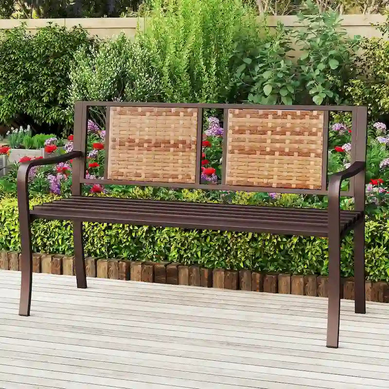 Costway 51 Patio Metal Bench for 2-3 with Rattan Backrest & Curved - See Details