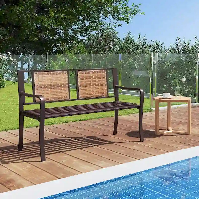 Costway 51 Patio Metal Bench for 2-3 with Rattan Backrest & Curved - See Details