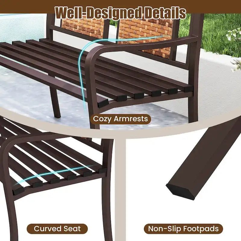 Costway 51 Patio Metal Bench for 2-3 with Rattan Backrest & Curved - See Details