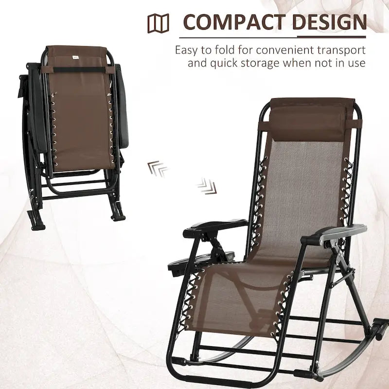 Outdoor Rocking Chairs, Foldable Reclining Zero Gravity Lounge Rocker with Pillow, Cup, Phone Holder and Folding Legs