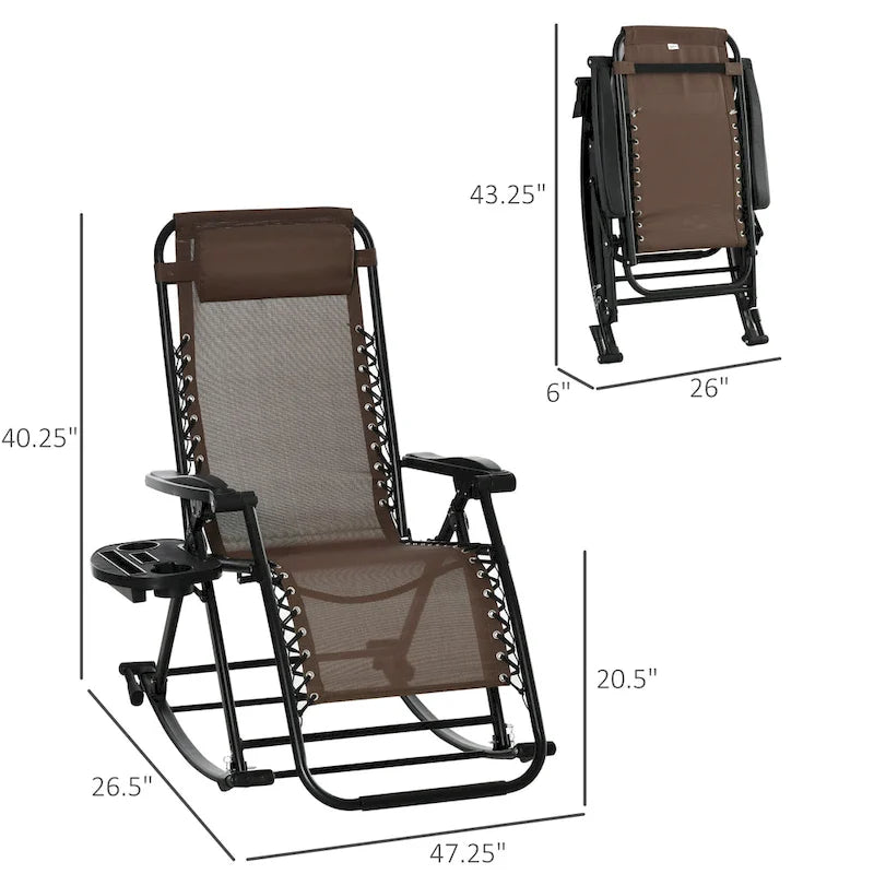Outdoor Rocking Chairs, Foldable Reclining Zero Gravity Lounge Rocker with Pillow, Cup, Phone Holder and Folding Legs