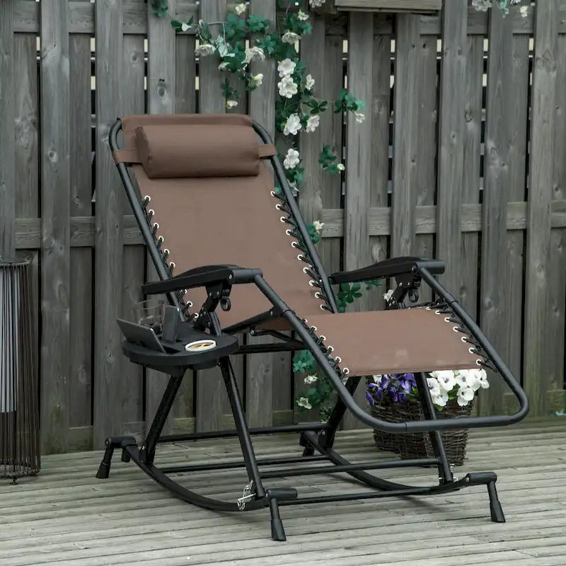 Outdoor Rocking Chairs, Foldable Reclining Zero Gravity Lounge Rocker with Pillow, Cup, Phone Holder and Folding Legs