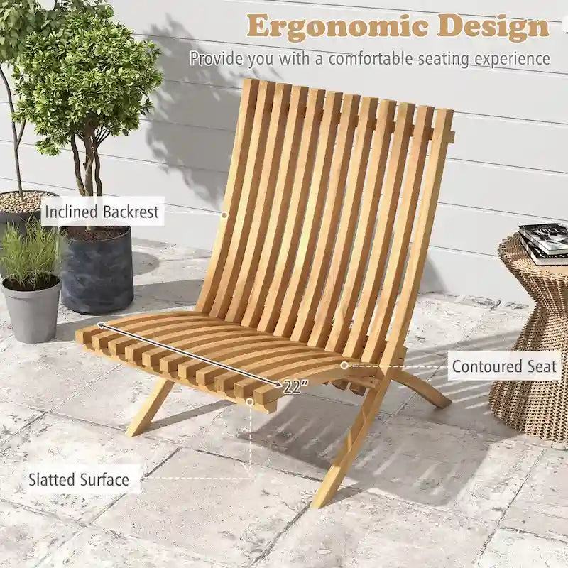 Gymax Folding Patio Chair Teak Wood Outdoor Lounge Chair w/ Slatted