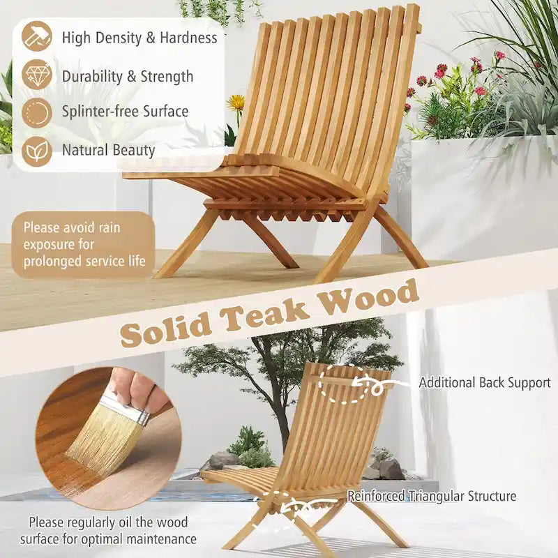 Gymax Folding Patio Chair Teak Wood Outdoor Lounge Chair w/ Slatted