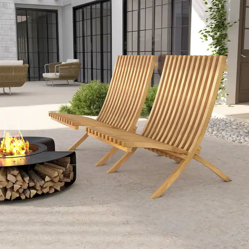 Gymax Folding Patio Chair Teak Wood Outdoor Lounge Chair w/ Slatted