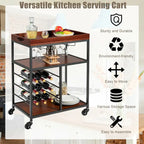 Gymax 3 Tier Storage Kitchen Trolley Utility Bar Serving Cart w/Wine