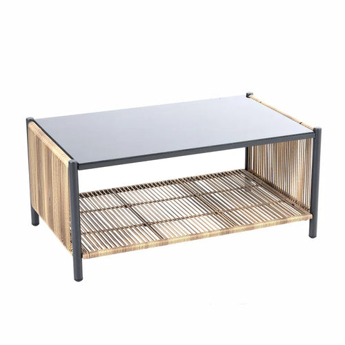 2 Pcs Outdoor PE Wicker 2 Seater Sofa Set, All Weather Patio Conversation Furniture Set with Rectangle Coffee Table