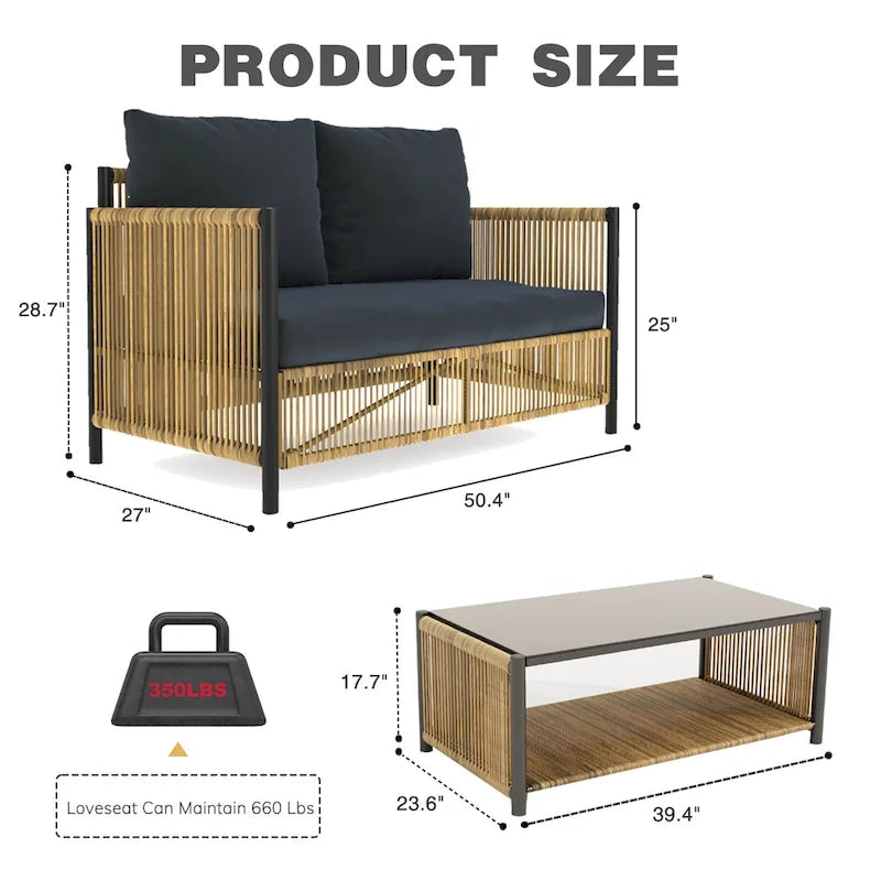 2 Pcs Outdoor PE Wicker 2 Seater Sofa Set, All Weather Patio Conversation Furniture Set with Rectangle Coffee Table